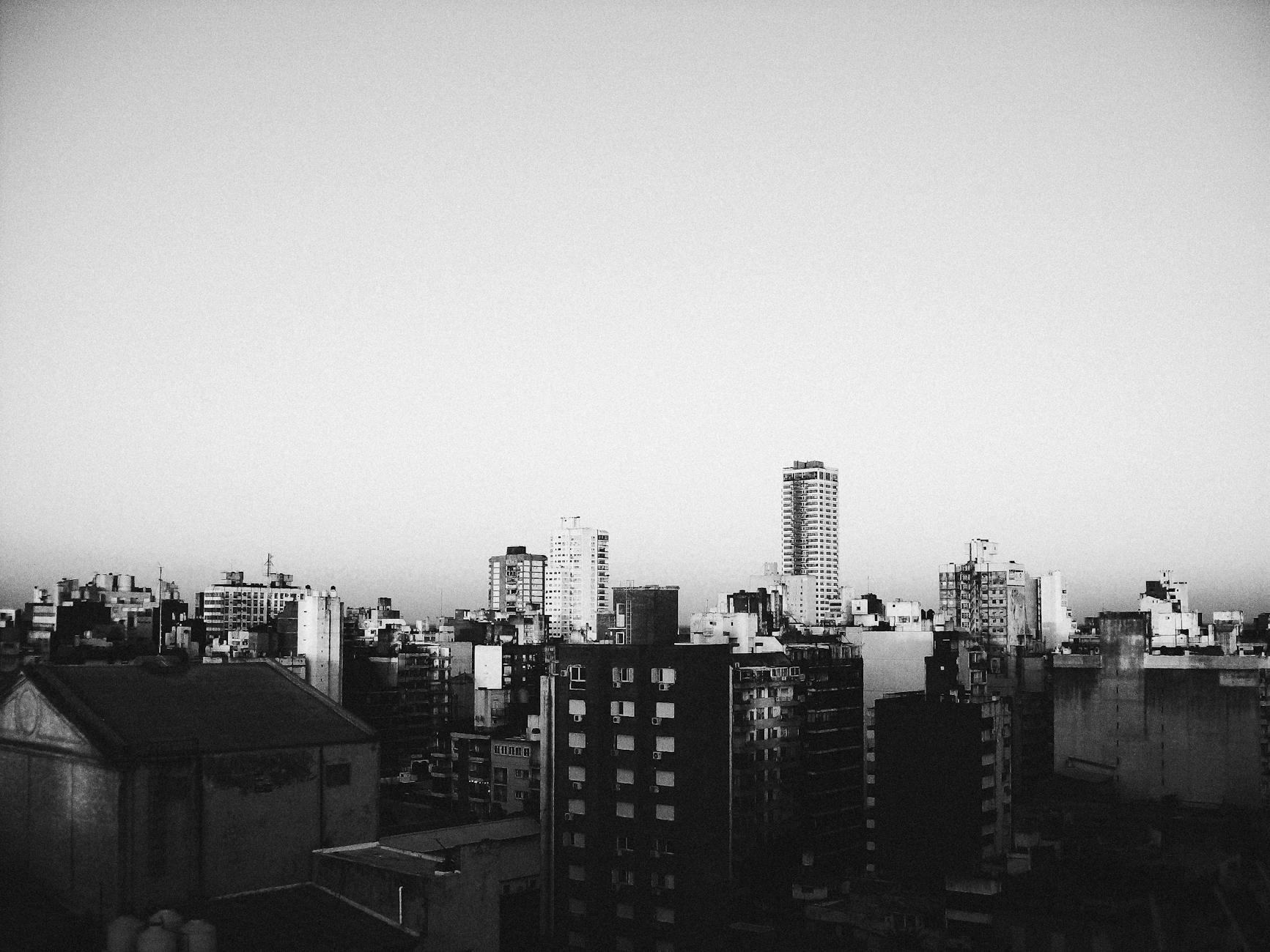 Monochrome city skyline of Rosario, Argentina with high contrast architecture.