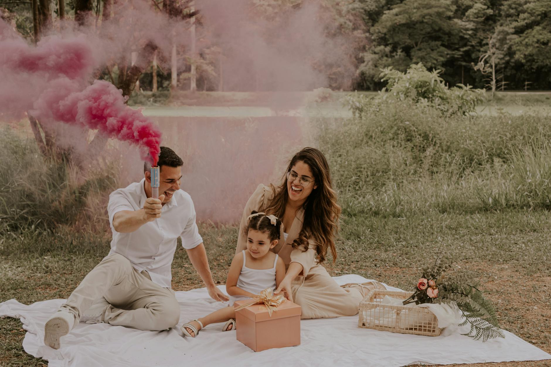 Family enjoying a picnic with a pink smoke bomb creating a joyful atmosphere.