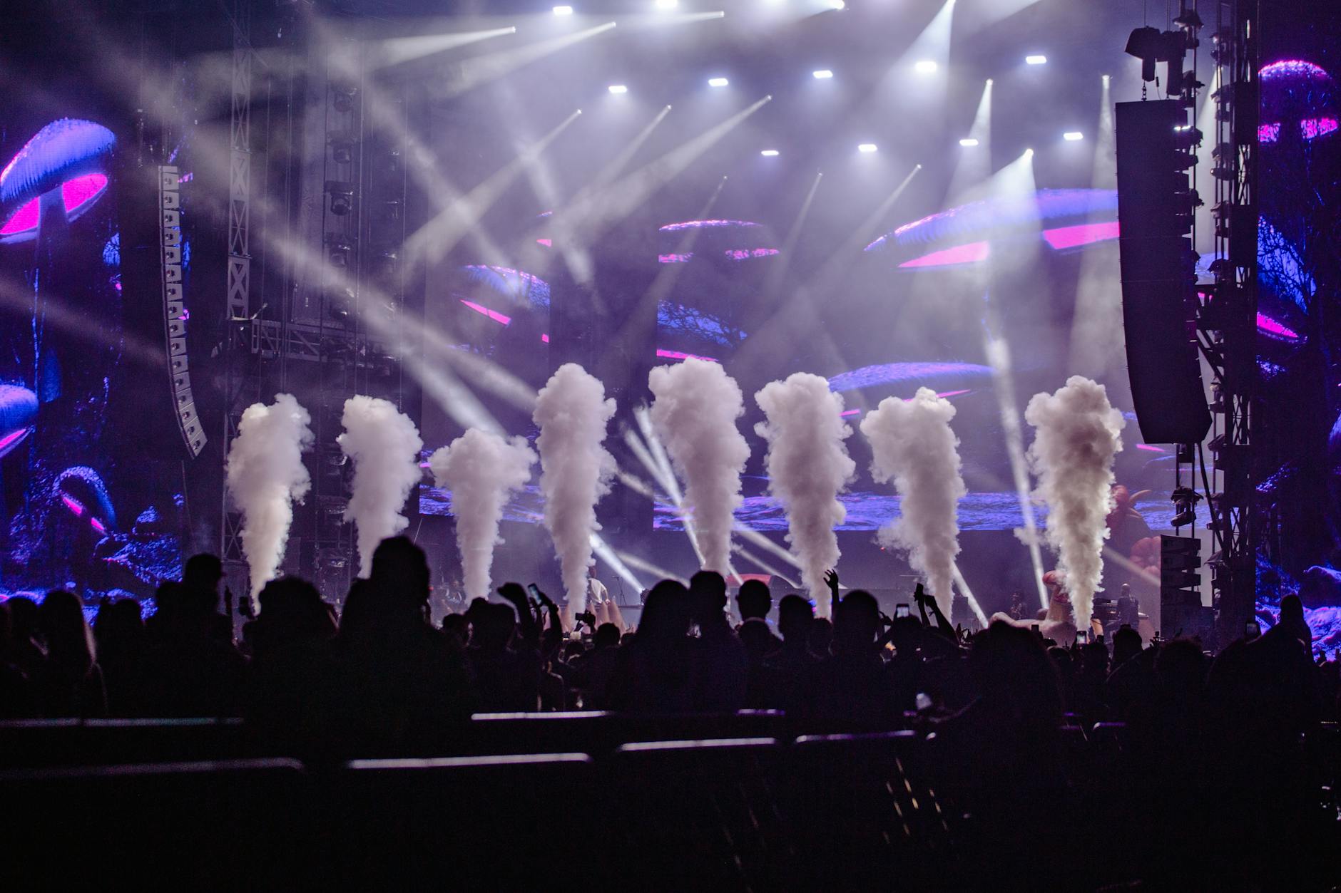 Silhouettes of a crowd enjoying a lively night concert with vibrant lights and smoke effects.