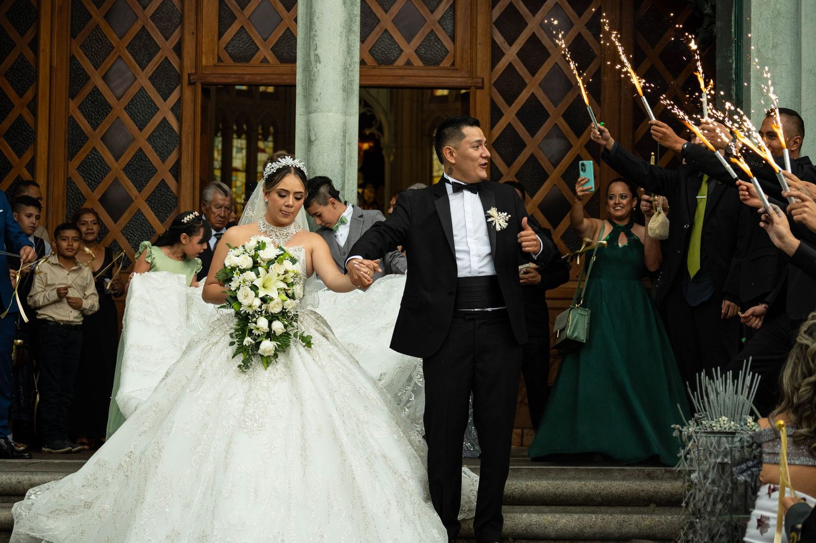 Bride and groom celebrate after wedding ceremony in León, Mexico.
